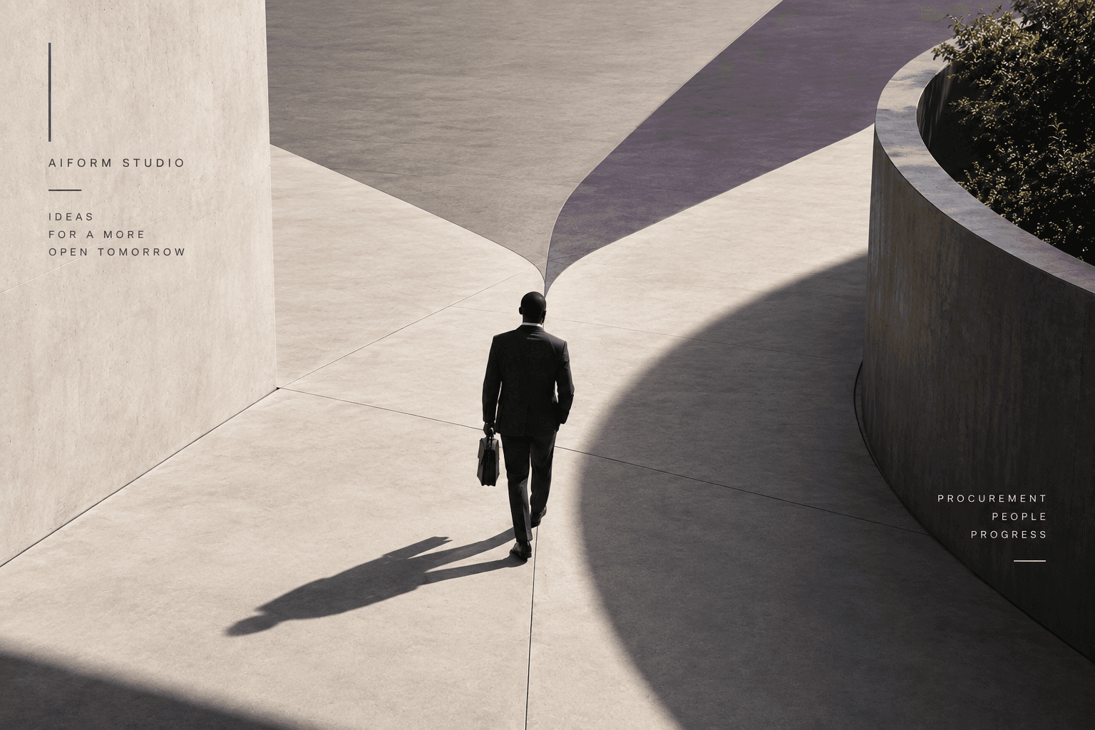 A business professional walks through a minimalist architectural space toward diverging paths, representing the judgement and choices involved in deciding which procurement opportunities to pursue.